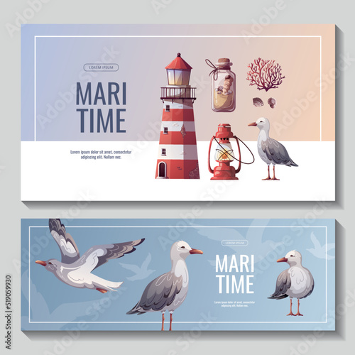 Set of banners with seagulls, sand bottle, lighthouse, corals, lamp. Maritime, sea coast, marine life, nautical concept. Vector illustration. Flyer, cover, banner template. © TatyanaYagudina