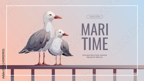 Banner design with Seagulls. Maritime, sea coast, marine life, nautical concept. Vector illustration. flyer, cover, banner template.