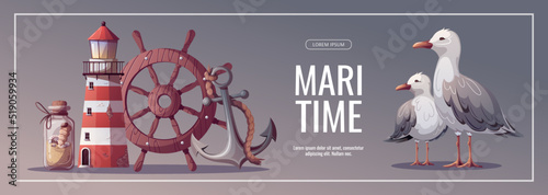 Flyer design with Ship's steering wheel, anchor, sand bottle, seashells, lighthouse, seagulls. Maritime, sea coast, marine life, nautical concept. Vector illustration. 