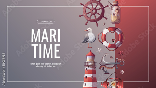 Banner design with Ship's steering wheel, anchor, lifebuoy, sand bottle, corals, starfishes, seashells, lighthouse. Maritime, sea coast, marine life, nautical concept. Vector illustration. 