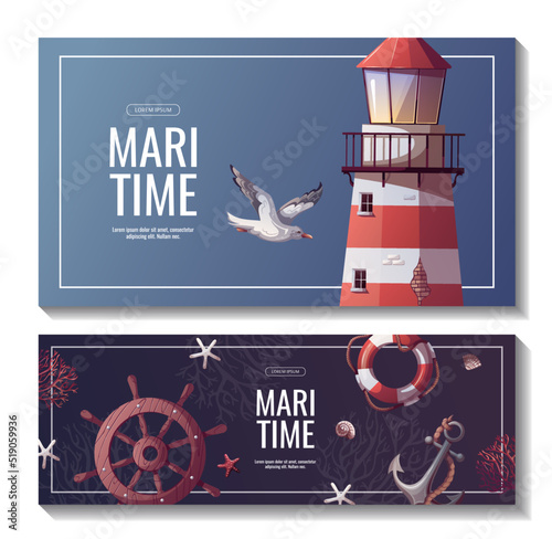 Set of banners with lighthouse, ship's steering wheel, anchor, lifebuoy, seagulls, seashells. Maritime, sea coast, marine life, nautical concept. Vector illustrations.