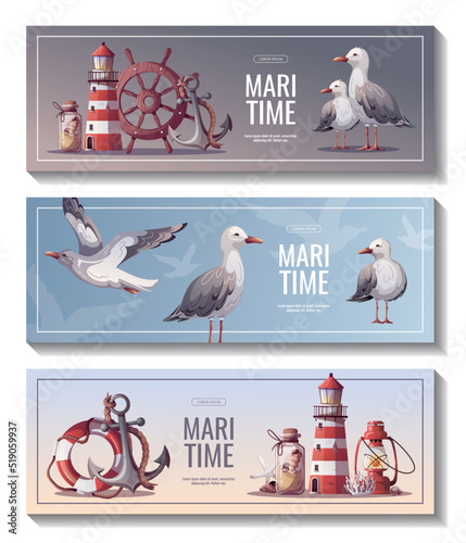 Set of banners with lighthouse, ship's steering wheel, anchor, lifebuoy, sand bottle, corals, seagulls, seashells. Maritime, sea coast, marine life, nautical concept. Vector illustrations.