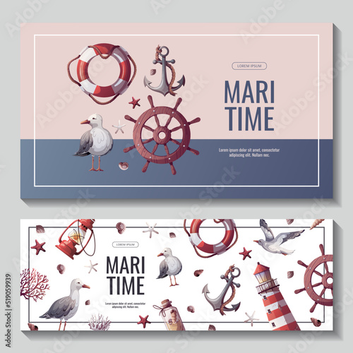 Set of banners with lighthouse, ship's steering wheel, anchor, lifebuoy, sand bottle, corals, seagulls, seashells. Maritime, sea coast, marine life, nautical concept. Vector illustrations.