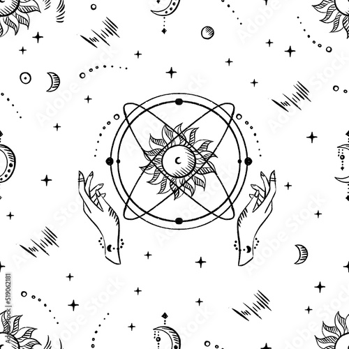 Magical seamless pattern with the sun, stars, moon. Alchemical cosmos. Celestial pattern. Vector hand-drawn background. 