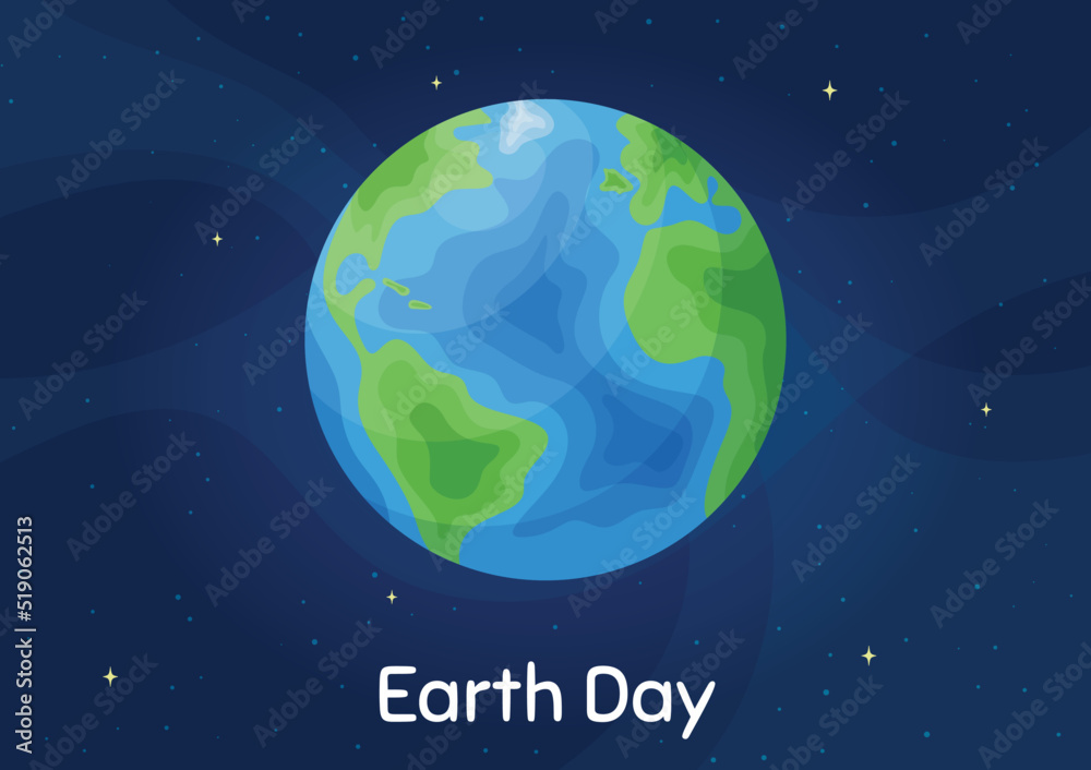 Earth Day environmental poster concept art. Cartoon style planet Earth on horizontal blue space background for global environment protection and ecology saving project