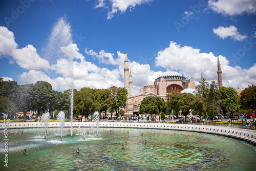 Hagia Sophia is an ancient religion landmark of Istanbul on sunset. Panoramic view on Turkish Mosque with foth minarets. Ayasofya was the greatest Christian temple of Byzantium Empire.