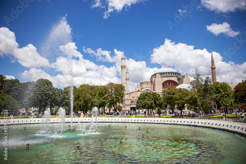 Hagia Sophia is an ancient religion landmark of Istanbul on sunset. Panoramic view on Turkish Mosque with foth minarets. Ayasofya was the greatest Christian temple of Byzantium Empire. photo