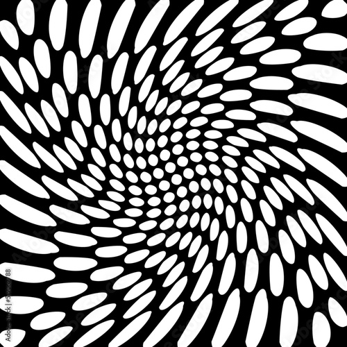 Pattern with optical illusion. Black and white distortion design. Abstract 3D geometrical dotted background. Vector illustration kaleidoscope. Banner flyer for show, fair.