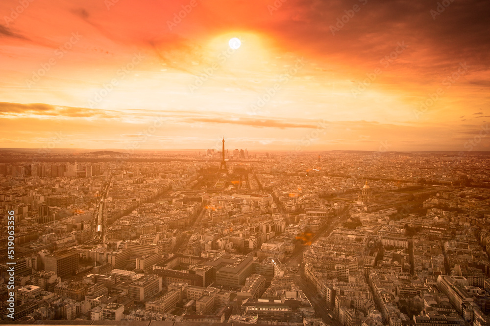 Heat wave in France. Eiffel tower in orange.
