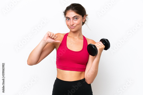 Young sport caucasian woman making weightlifting isolated on white background proud and self-satisfied © luismolinero