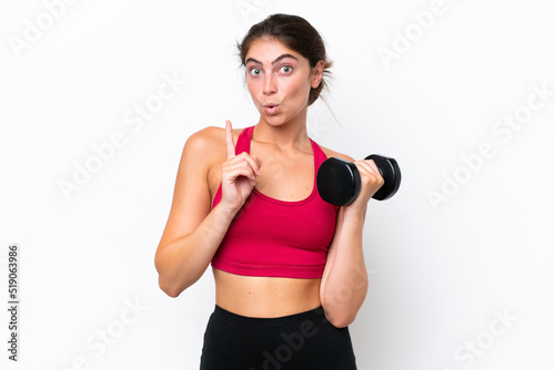 Young sport caucasian woman making weightlifting isolated on white background intending to realizes the solution while lifting a finger up