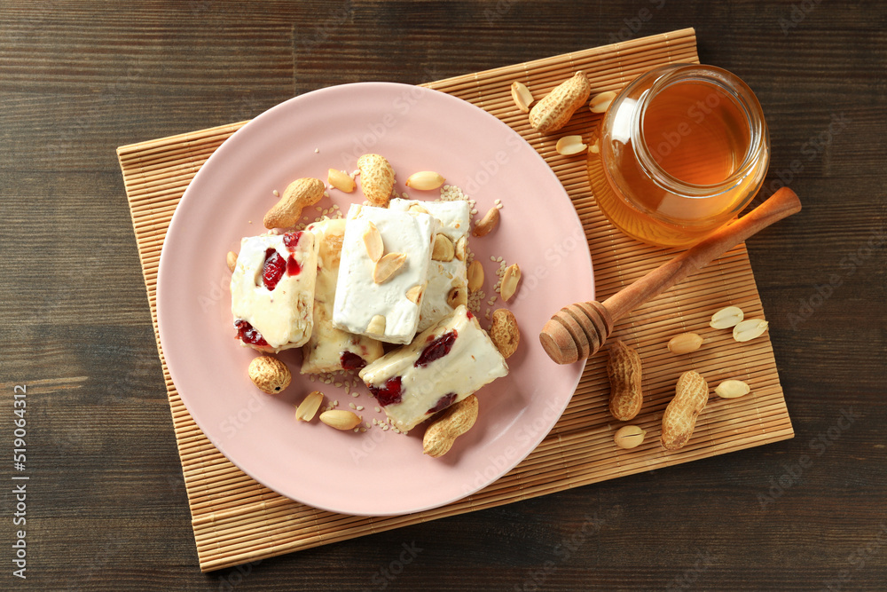 Concept of tasty food with nougat, top view Concept of tasty food with nougat, top view