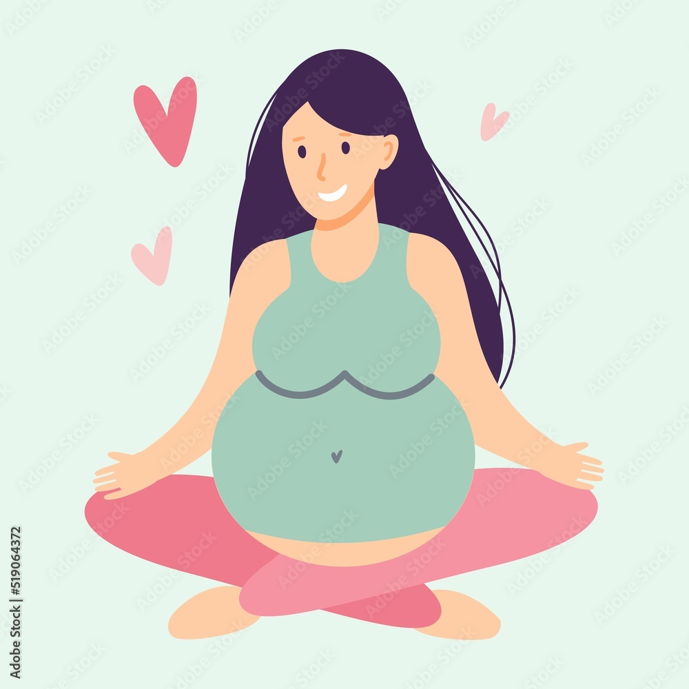 A happy pregnant girl is doing yoga, sitting in the lotus position. Vector illustration in a flat style