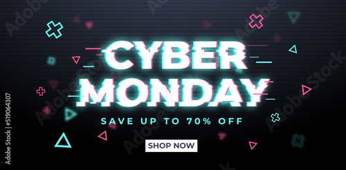 Web banner cyber monday sale, glitch effect. For social media stories sale, up to 70% off, web page, mobile phone. template design special offer