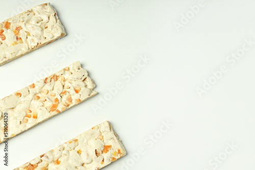 Concept of tasty food with nougat, space for text