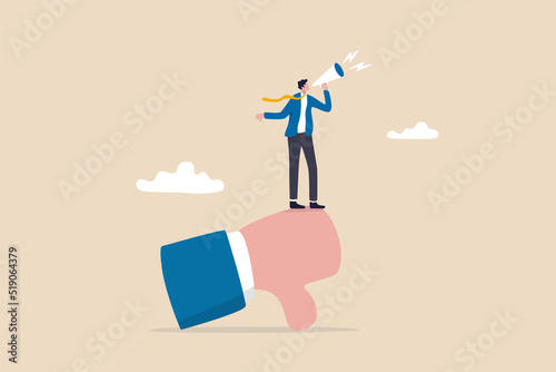 Discredit or blame other people, bullying and discourage speaking, fake news or negative feedback concept, bad businessman with megaphone discredit and blaming other people on thumb down symbol.