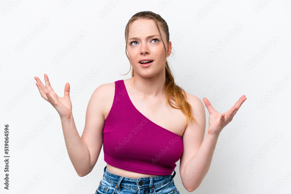 Young caucasian girl isolated on white background stressed overwhelmed Young caucasian girl isolated on white background stressed overwhelmed