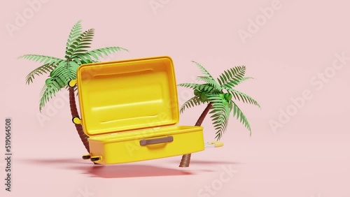 3d animation, yellow open suitcase empty with palm tree isolated on blue background. summer travel concept, 3d render illustration photo