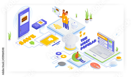 Online recipes and cooking books, vector isometric illustration. The most popular and saved food recipes.