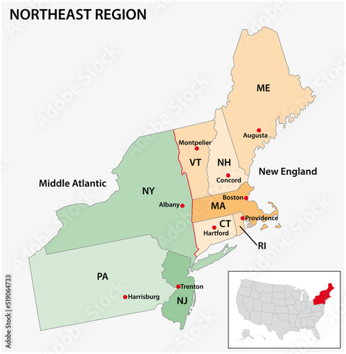 Obraz na płótnie Administrative vector map of the US Census Region Northeast w salonie