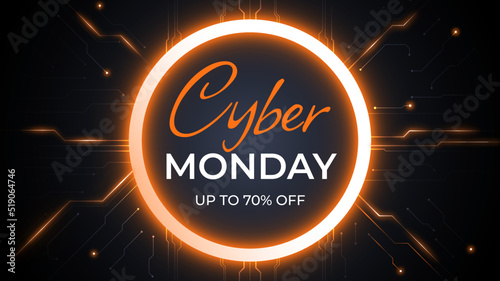 Web banner cyber monday sale, orange glowing effect, black background For social media stories sale, up to 70% off, web page, mobile phone. template design special offer