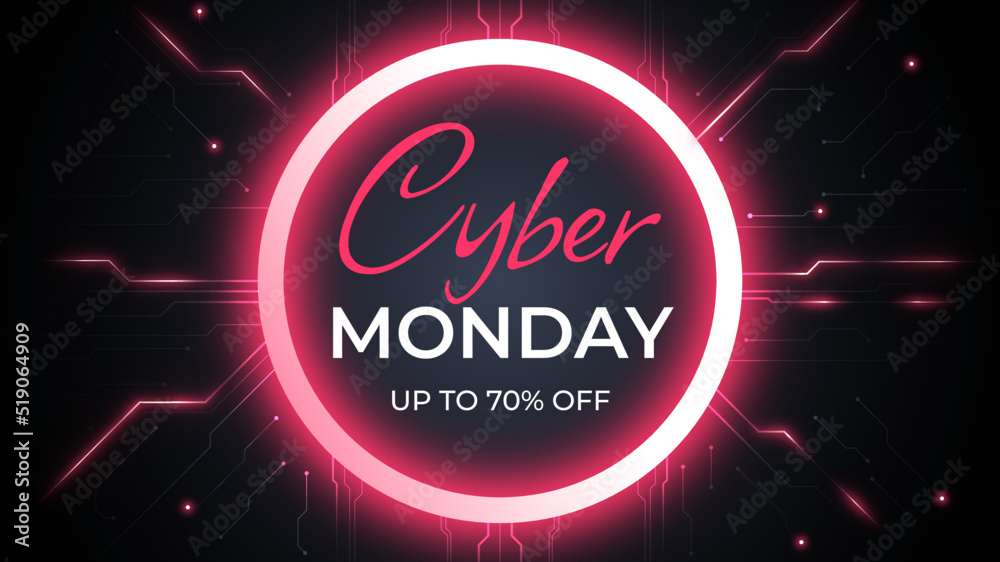 Web banner cyber monday sale, red glowing effect, black background For social media stories sale, up to 70% off, web page, mobile phone. template 