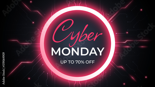 Web banner cyber monday sale, red glowing effect, black background For social media stories sale, up to 70% off, web page, mobile phone. template 