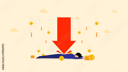 Vector economic inflation. Conceptual illustration of a depressed businessman with falling gold coin prices.