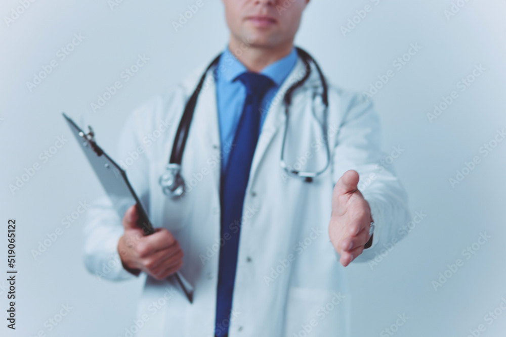 Friendly male doctor with open hand ready for hugging Friendly male doctor with open hand ready for hugging