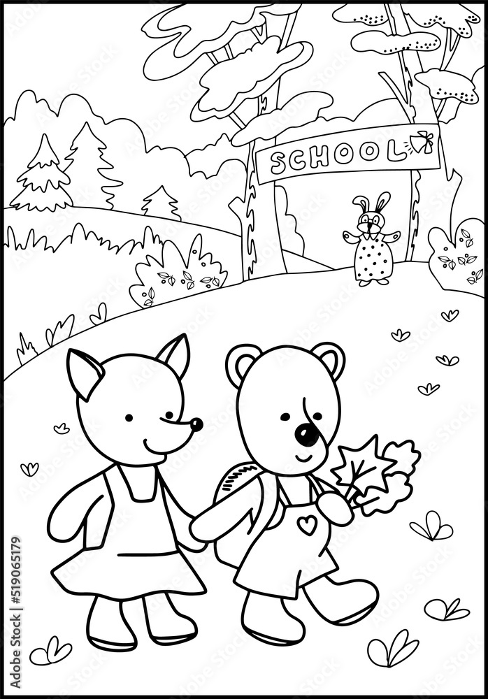 Cute animal go to school in the forest. Coloring book. Cartoon isolated vector illustration, Creative vector Childish design for kids activity colouring book or page. Cute animal go to school in the forest. Coloring book. Cartoon isolated vector illustration, Creative vector Childish design for kids activity colouring book or page.