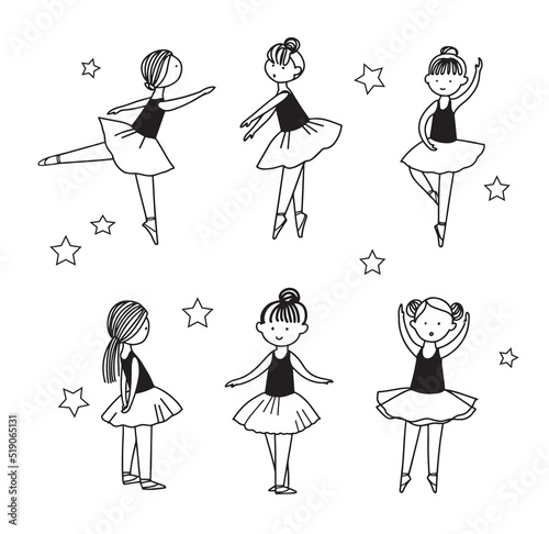 Set of cute little dancing ballerina characters in ballet skirts. Simple linear vector graphic illustration isolated on white. Ideal for girlish design, t-shirt