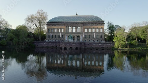 K21 Kunstammlung Modern Art Museum in downtown Dusseldorf Germany, drone low angle orbit photo