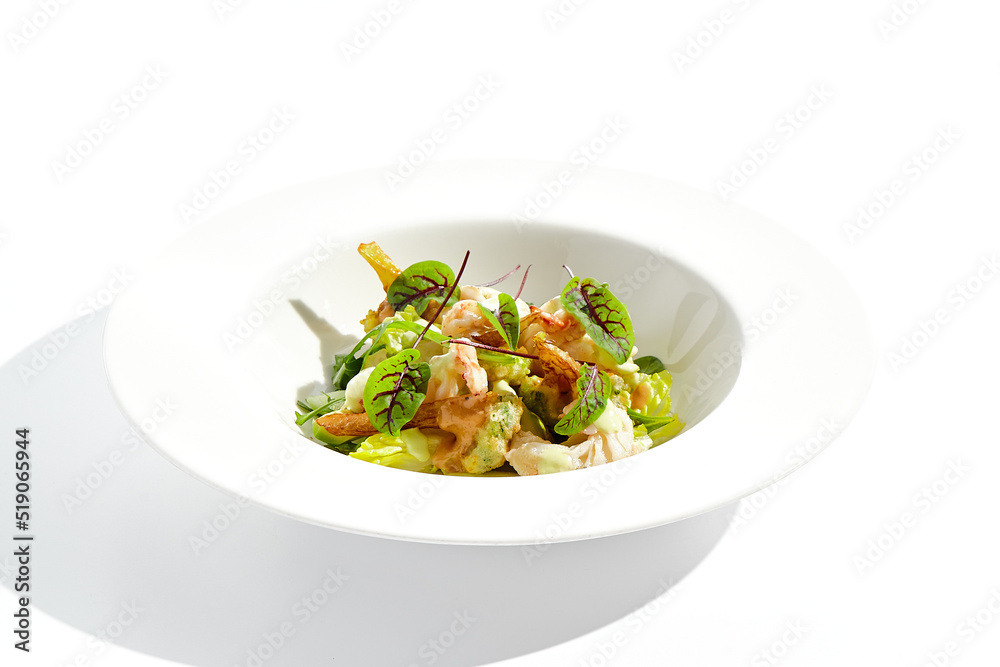 Green salad with broccoli, avocado, shrimps on white plate. Healthy dinner - Salad broccoli and prawns. Clean eating. Green bowl with vegetables and shrimps. Tempura broccoli with avocado Green salad with broccoli, avocado, shrimps on white plate. Healthy dinner - Salad broccoli and prawns. Clean eating. Green bowl with vegetables and shrimps. Tempura broccoli with avocado