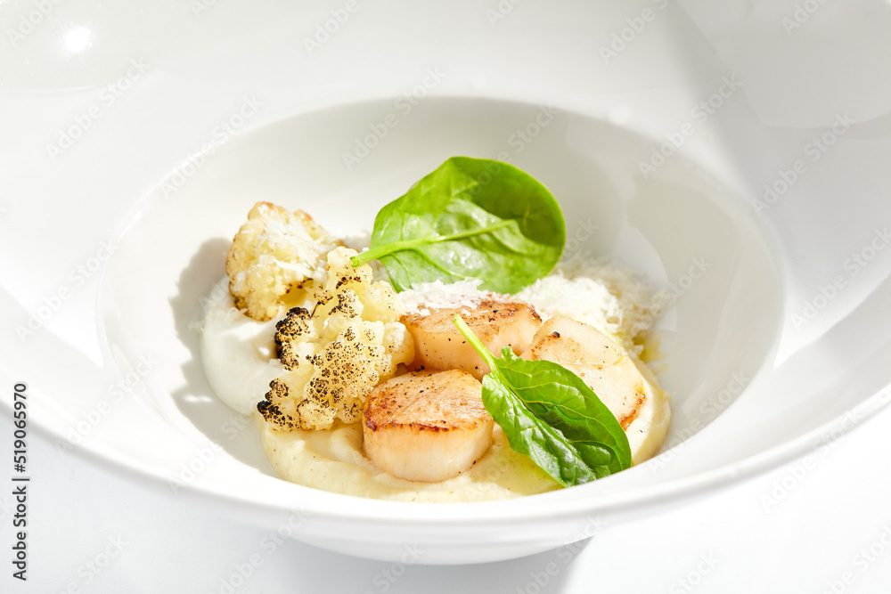 Gourmet dish - pan seared sea scallops with mashed potatoes, grilled cauliflowers on white plate. Scallops with vegetables and creamy espuma. Delicacy seafood in restaurant menu. Gourmet dish - pan seared sea scallops with mashed potatoes, grilled cauliflowers on white plate. Scallops with vegetables and creamy espuma. Delicacy seafood in restaurant menu.