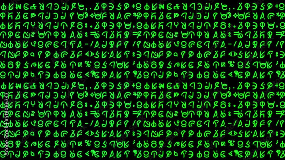 Motion graphics featuring lines of curvy alien style hieroglyphs and written script rapidly changing in random sequences in small-sized green font - ideal for screen replacement content