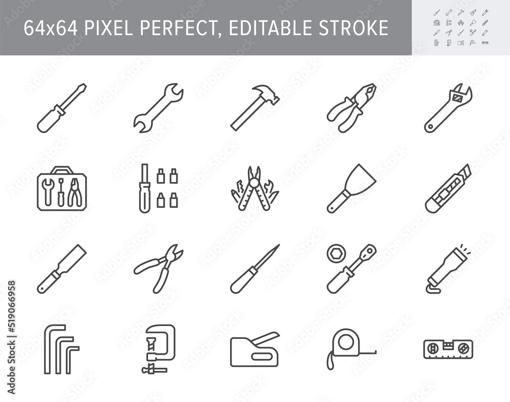 Hand tools line icons. Vector illustration include icon - screwdriver, wrench, hammer, spanner, scraper, utility knife outline pictogram for toolbox instrument. 64x64 Pixel Perfect, Editable Stroke Hand tools line icons. Vector illustration include icon - screwdriver, wrench, hammer, spanner, scraper, utility knife outline pictogram for toolbox instrument. 64x64 Pixel Perfect, Editable Stroke
