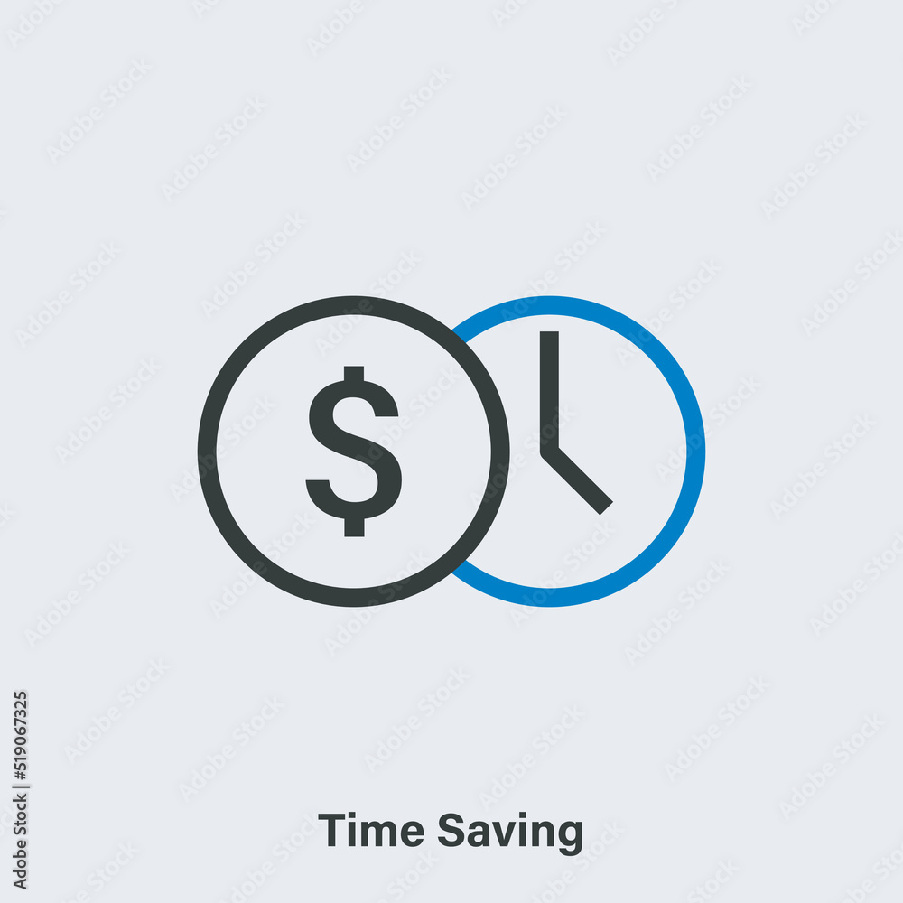 Time saving linear vector icon. Isolated outline pictogram of a coin and clock on light background Time saving linear vector icon. Isolated outline pictogram of a coin and clock on light background