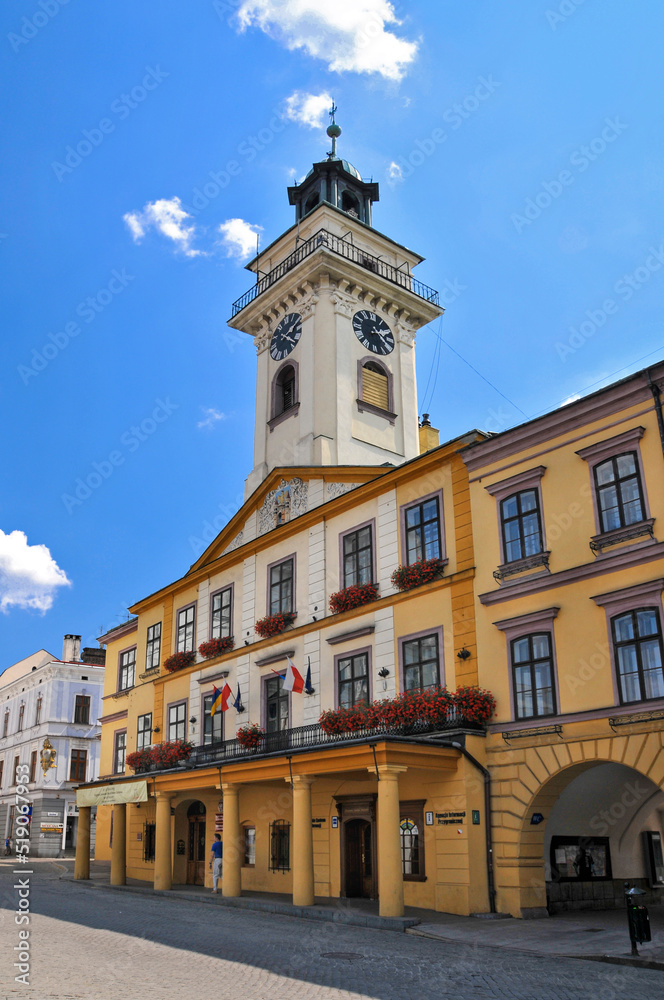 The historic town hall located in the corner of the southern frontage of the market square and Silver street in Cieszyn, Silesian Voivodeship, Poland.