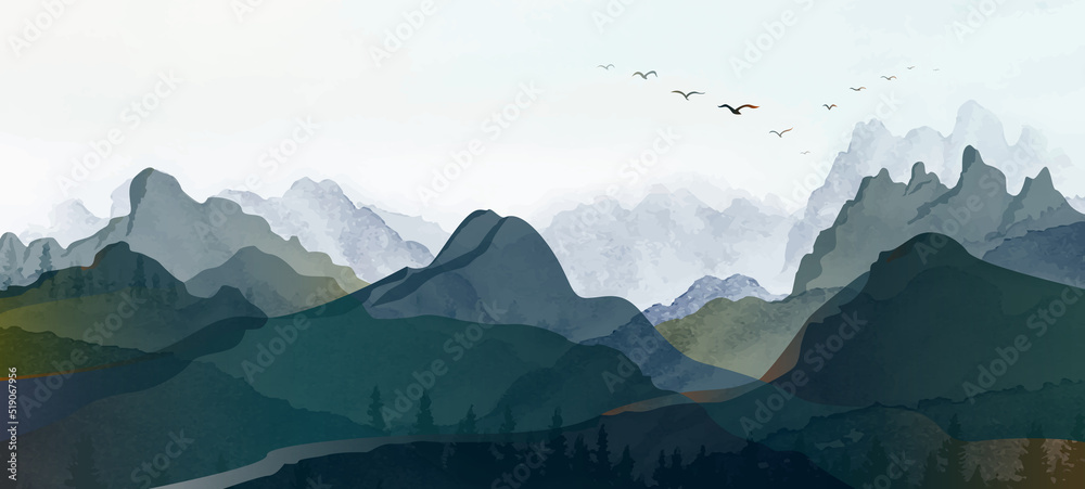 Landscape hills abstract art watercolor painting background with birds flying on mountains range.