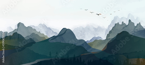 Landscape hills abstract art watercolor painting background with birds flying on mountains range.