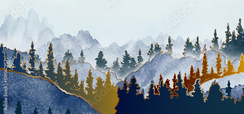 Landscape hills abstract art watercolor painting background with gold line mountains range.
