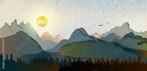 Landscape hills abstract art watercolor painting background with sun and birds.