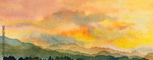 Landscape hills abstract art watercolor painting background with mountains range.