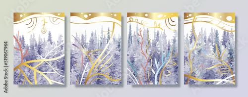 Modern landscape pine tree abstract with gold line art watercolor painting background.