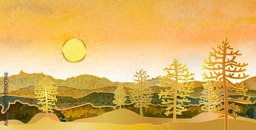 Landscape hills abstract art watercolor painting background with gold line mountains range.