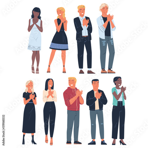 People Characters Standing Clapping Their Hands as Applause and Ovation Gesture Vector Illustration Set