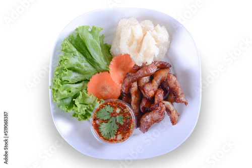 Sticky rice with fried pork on white bowl for Thai food and isolate background 