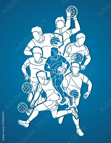 Group of Gaelic Football Male Players Action Cartoon Graphic Vector