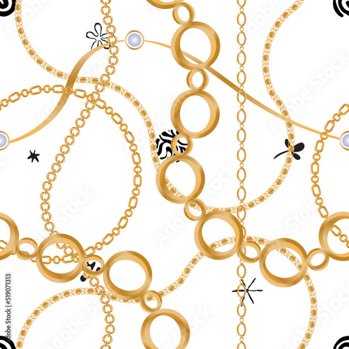 Seamless pattern decorated with precious stones, gold chains and pearls.	