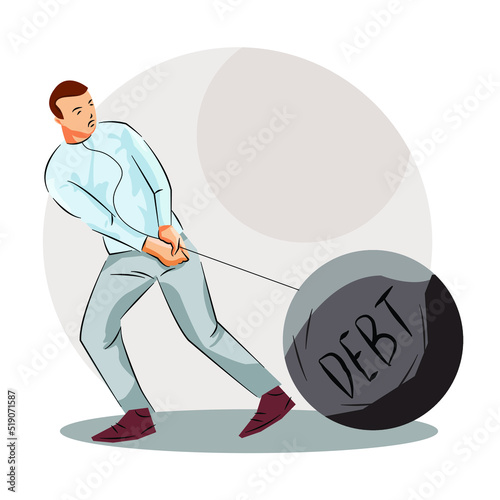 man dragging big round stone illustration of debt heavy and poverty life financial crisis recession